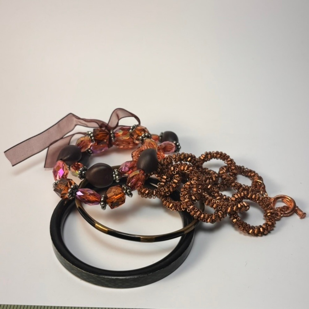 Bracelet Set Acrylic Brown Orange Copper Beaded Bangle‎ Boho Eclectic 4pc Lot